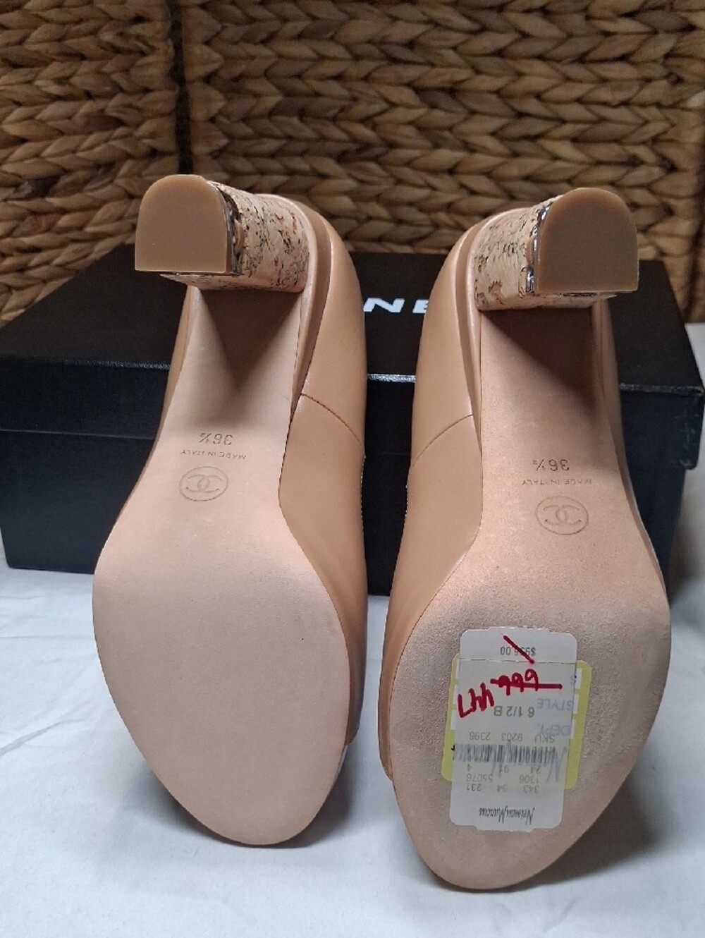 CHANEL Beige Leather Peep-Toe Pumps with Embellished Block Heel - Picture 9 of 12